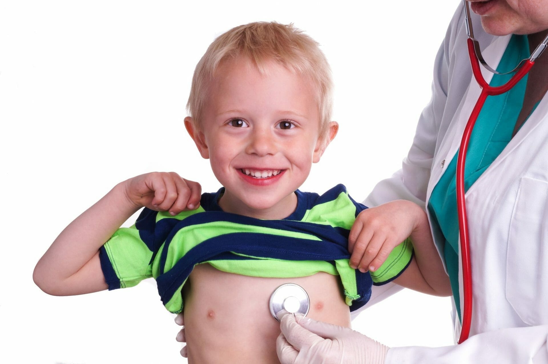 A young boy with a stethoscope on his chest, showcasing the role of a pediatrician.
